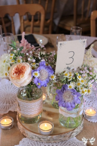 Jam jar flowers at the Over Barn- Styling and Design by Elizabeth Weddings