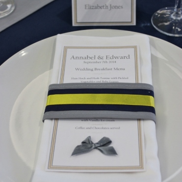 Bespoke fabric napkin ring and menu card- Elizabeth Weddings